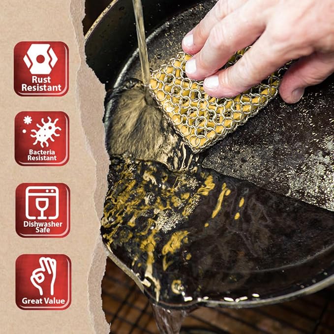 Knapp Made Combo Chainmail Cast Iron Scrubber with Silicone Core - Heavy Duty Rings and Fine Chainmail Rings -Premium Cast Iron Cleaner Chainmail Scrubber -Perfect for Cast Iron Cookware,Skillet,Woks