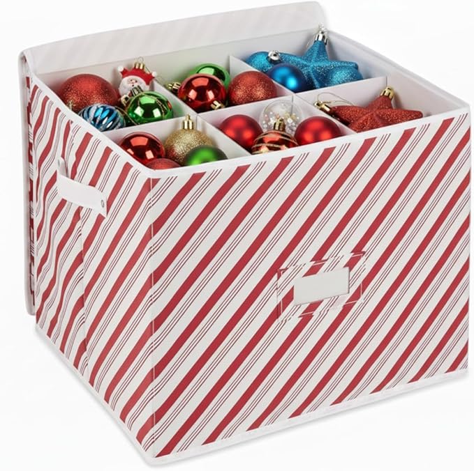 Christmas Ornament Storage Box with Dividers, 16x16x13, Peppermint Candy Stripe, Holds 75 Ornaments, Perfect Ornament Storage Solution, Durable Christmas Ornament Storage Box