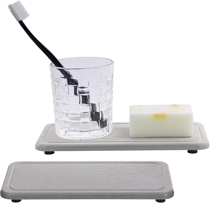 NiuYichee 2 Pcs Water Absorbing Stone Trays, Kitchen/Bathroom Sink Soap Dish, Diatomite Tray Used for Hand Soap & Cosmetic Bottles in The Modern Home, 4" W x 8.3" L, Gray