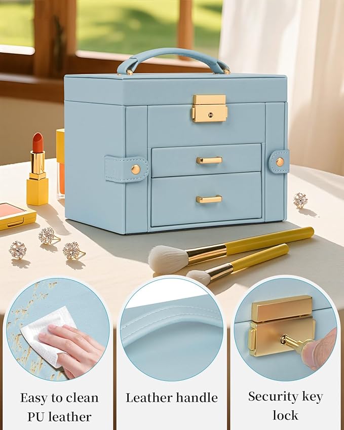 TORIBIO Jewelry Box for Women, Leather Jewelry Organizer with Mirror & Lock, 3-Tier Jewelry Storage Organizer with 2 Drawers for Girls/Women/Mothers, Necklace Earring Bracelets Holder Organizer