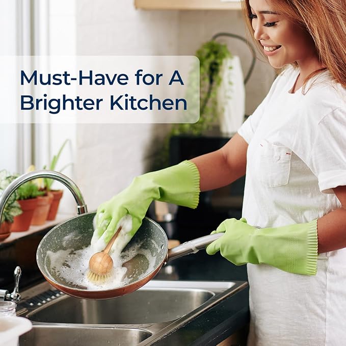 Lorzon 2 Pack Dish Brush with Handle, Bamboo Dish Scrub Brush, Kitchen Brushes for Dishes, Scrubber, Pots, Pans, Sink, Dishwashing Cleaning Brush