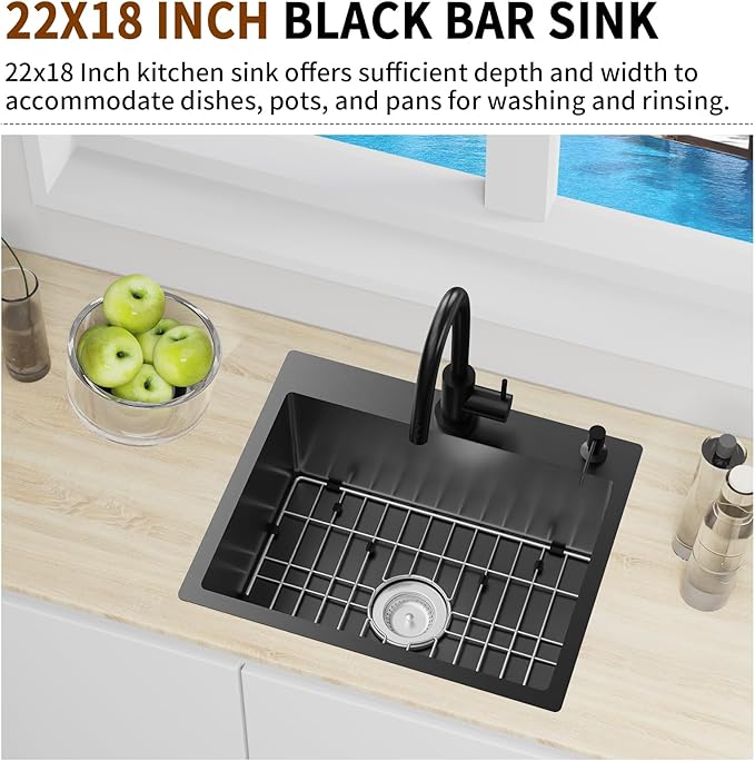 Black 22x18 Inch Kitchen And Bar Sink - Stainless Steel Drop In Small Single Bowl Kitchen Sink With Bottom Grid,Silicon Mat And Drain Assembly Set