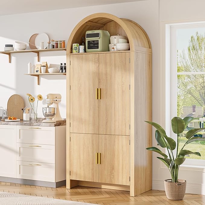 71" Tall Arched Pantry Cabinet, Arched Fluted Kitchen Storage Cabinet with Doors and Adjustable Shelves, Modern Natural Wood Cupboard Organizer for Kitchen, Dining Room, Living Room