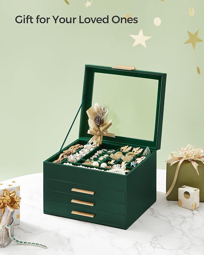 SONGMICS Jewelry Box Organizer with Glass Lid, 4-Layer Jewelry Storage, with 3 Drawers, Modern Style, 8 x 9.1 x 6.5 Inches, Forest Green and Gold Color UJBC173C01