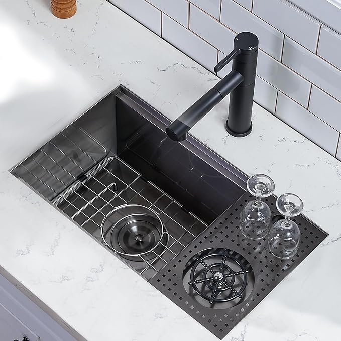 VCCUCINE 23 Inch Gunmetal Black Undermount Bar Sink with Glass Rinser,23x14 RV Small Kitchen Sink Stainless Steel Workstation Wet Bar Sink,16 Gauge Single Bowl Outdoor Prep Sink with Cutting Board