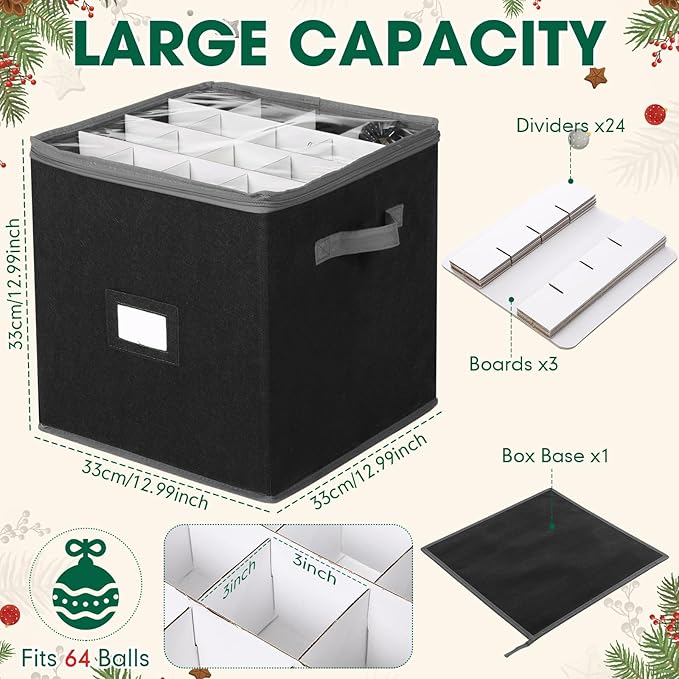 CHENGU 2-pack Christmas Ornament Storage Stores up to 64 Christmas Ball Accessories Holder with Adjustable Dividers, Zippered Closure Two Handles for Holiday Ornaments and Xmas Decorations(Black)
