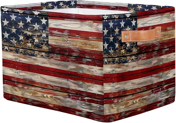 American Flag Storage Basket for Shelves, Storage Bins with Handles, Collapsible Basket for Organizing, Closet Toy Baskets for Nursery Room, 15x11x9.5 in, Canvas, Old Wooden USA Flag