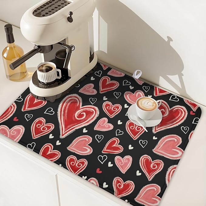 Valentines Day Dish Drying Mat for Kitchen Counter 24x18 Inch Black Red Heart Drying Mat with Absorbent Reversible Microfiber Love Dish Drainer Mats Rack Pad for Coffee Countertop Protector