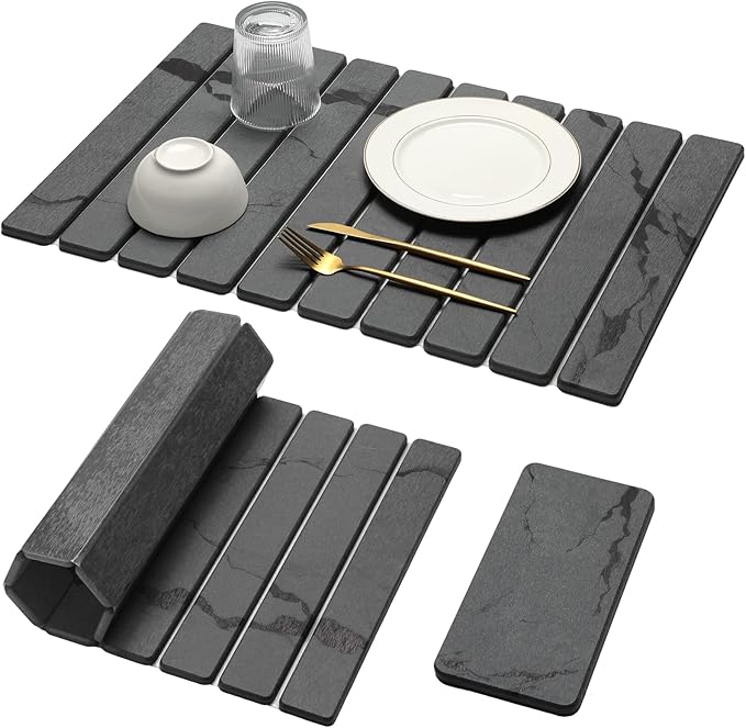 Large Stone Dish Drying Mat for Kitchen Counter, 2PCS 24"×16" & 8“x4" Quick Dry Stone Dishes Mats, Marbled Water Absorbing Diatomaceous Earth Drying Pad for Countertop Bottles Utensils Cups,Dark Gray