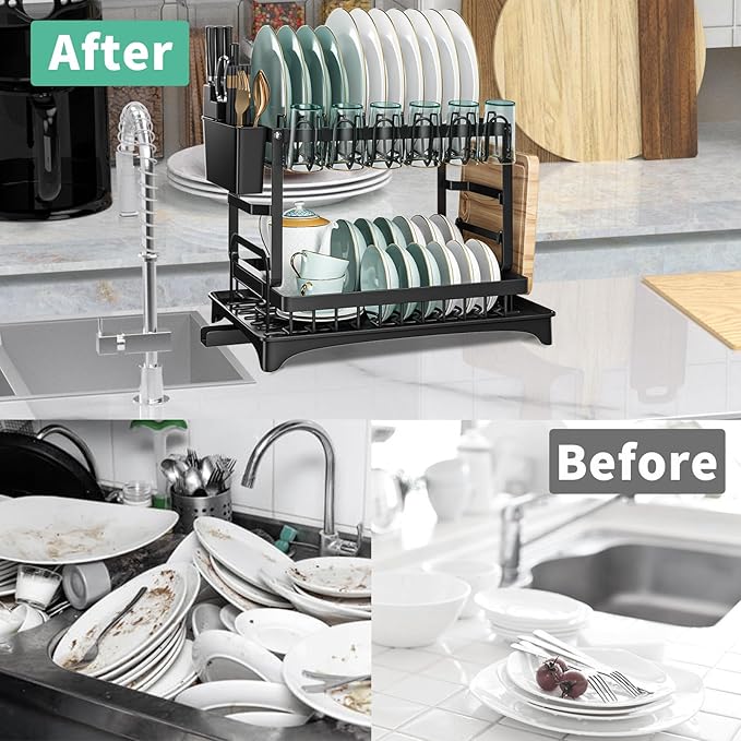 XLMYS Dish Drying Rack, 2 Tier Large Dish Drying Rack for Kitchen Counter with Drainboard Stainless Steel Dish Drainer for Dish/Knifes/Cup/Cutting Board, Black