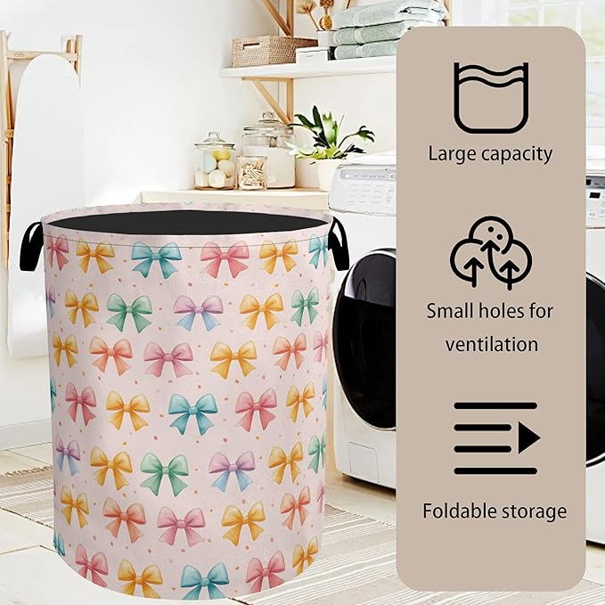 Colorful Bow Foldable Laundry Hamper - Waterproof Fabric Storage Basket with Handles, Clothes Hampers for Laundry,Bedroom,Dorm