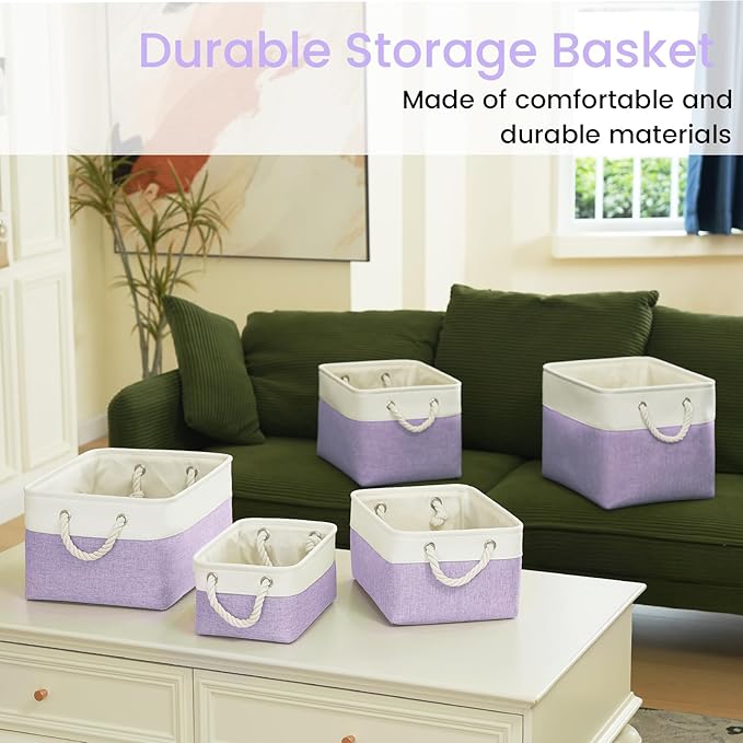 Storage Baskets for Shelves 13.8x9.8x6.7 Inch, Foldable Fabric Storage Bins with Handles, Small Storage Baskets for Organizing Closet, Office, Home Organization (3-Pack, White&Purple)