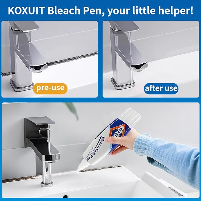 KOXUIT Portable Dual-Tip Bleach Pen for White Clothes & Grout - Travel-Ready 2-in-1 Gel Applicator with Brush Head, Non-Drip Cleaner for Bathroom Lines & On-The-Go Use (Unscented 2 Pack)