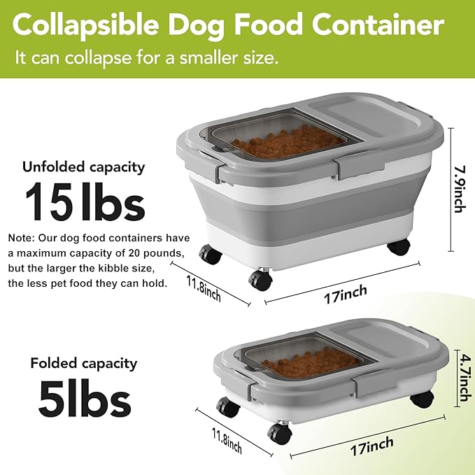 Summark 15 Lbs Dog/Cat Food Storage Container,Collapsible Food Storage Containers with Rolling Wheel Airtight Locking Lid,Pet Food Storage Container with Cup and Scoop,Grey