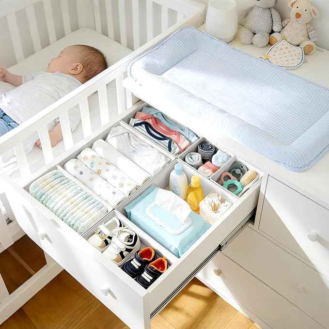 DIMJ Drawer Organizer Clothes, 26Pack Dresser Organizer, Foldable Closet Organizers and Storage, Fabric Dresser Bins, Drawer Dividers for Nursery, Baby Clothes, Underwears, Sock,White