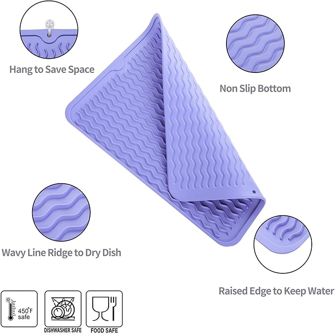 MicoYang Silicone Dish Drying Mat for Multiple Usage,Easy clean,Eco-friendly,Heat-resistant Silicone Mat for Kitchen Counter or Sink,Refrigerator or drawer liner Light Purple L 16 inches x 12 inches
