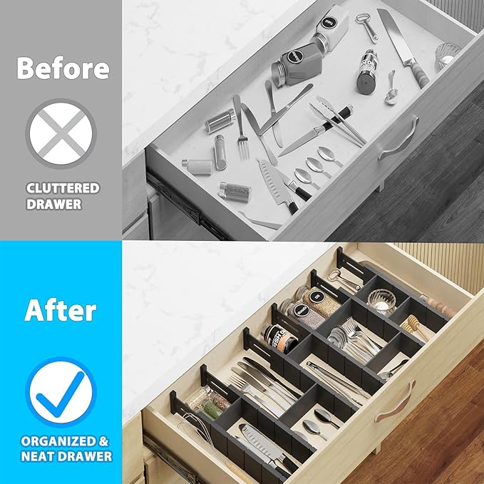 GZOOGHOME 6 Pack Bamboo Drawer Dividers with 12 Inserts, Expandable Adjustable Clothes Drawer Organizers and Storage from 17" to 22" for Kitchen, Bedroom, Dresser, Cosmetics (Black)