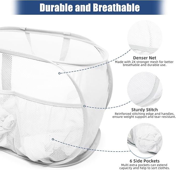 Collapsible Laundry Baskets, Upgrade Pop Up Laundry Hamper with Convenient Bags, Foldable Laundry Basket Mesh Light Weight, Easy to Carry Clothes Hampers for Laundry, Dorm, Toys, Travel White