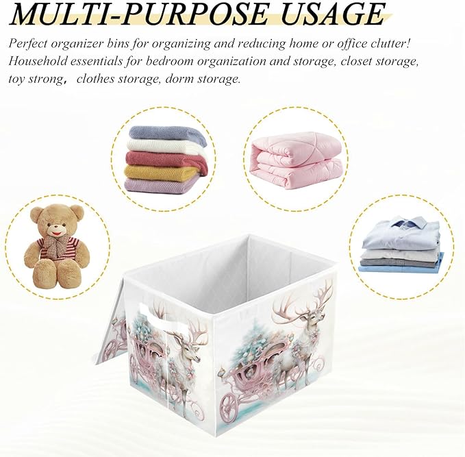 senya Christmas Baskets Collapsible Storage Bins with Lids, Pink Christmas Elk Storage Boxes Clothes Baskets for Organizing