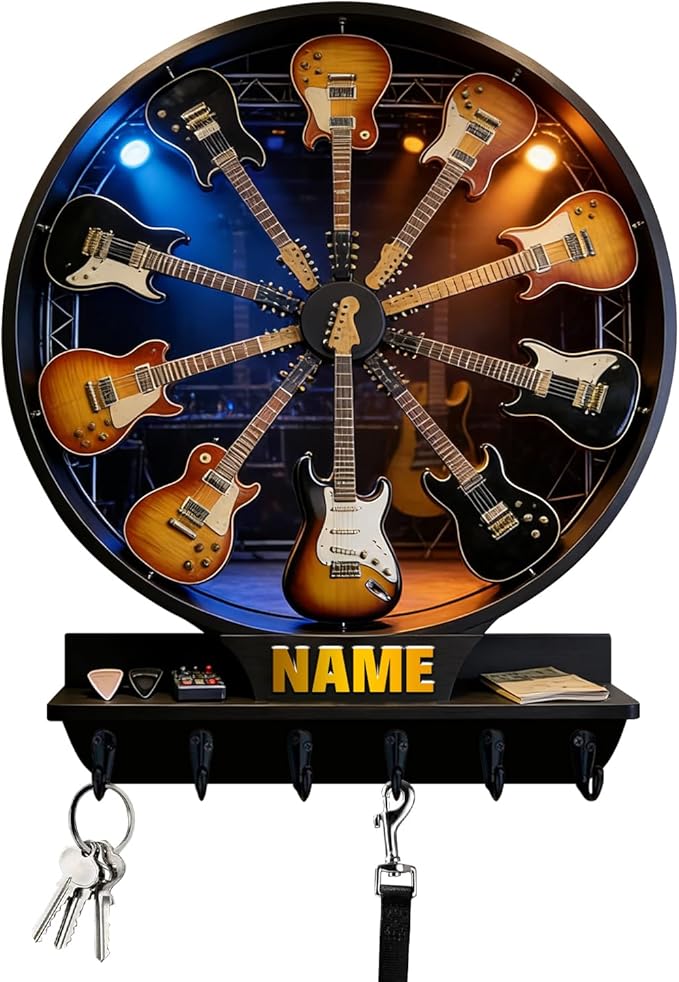 Personalized 2D Flat Print Guitar Stand Themed Wall Mounted Hooks for Music Lovers Family Friends Custom Rock Electric Guitar Coat Rack Music Themed Key Storage Holder for Living Room Hallway Office