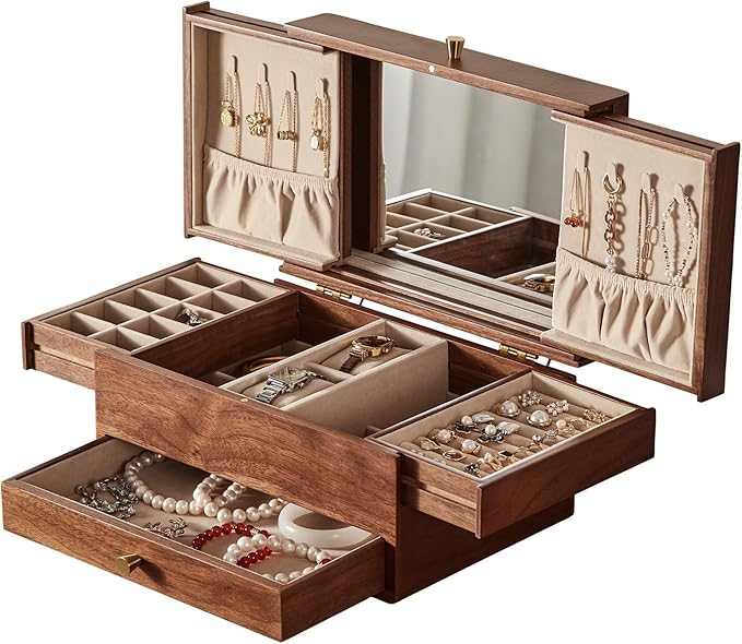 Wooden Jewelry Box for Women, 3 Level Multi-functional Drawers Black Walnut Jewelry Organizer Box, Watch, Necklace, Ring, Earring Storage Valentine's Day Gifts(With Mirror B)