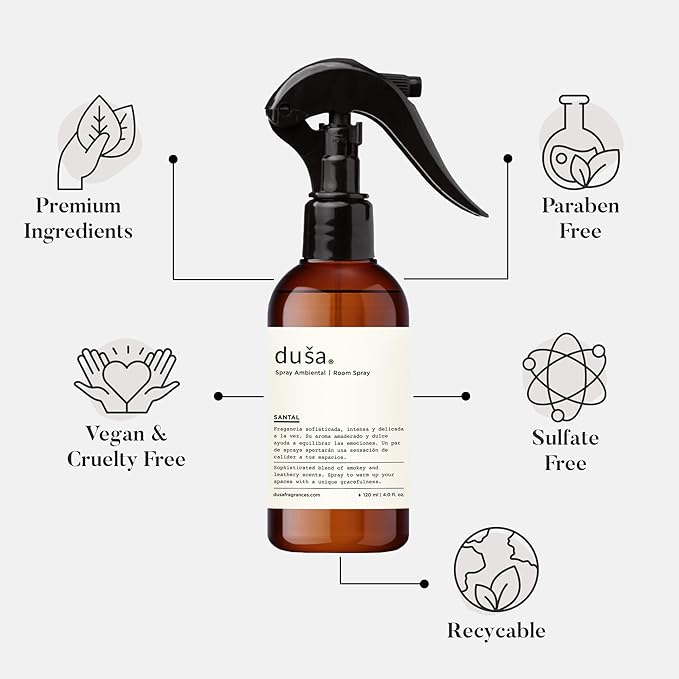 Dusa Santal Room Spray - 4 fl oz - Natural Air Freshener & Linen Mist for Home - Ultimate Home Fragrance, Bed Room Essentials & Soothing Fabric - Eco-Friendly Odor Eliminator w/Aromatherapy