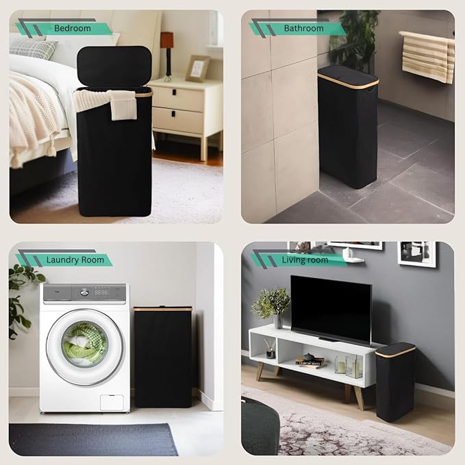 ErraLife Slim Laundry Hamper with Lid, 60L Capacity, Bamboo Handles, and Steel Ring Removable Inner Bag - Collapsible Clothes Basket Laundry Organizer for Bedroom, Bathroom, Dorm, Black