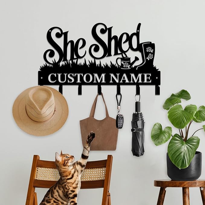 Personalized She Shed Metal Keys Hooks,Custom Name Metal She Shed Keys Hooks,Black Metal She Shed Wall Home Storage Decorative Keys Hooks,Key Holder Hooks for Wall (Style G)