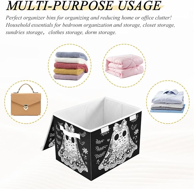Bolaz Storage Bins with Lids and Handles,Cartoon Ghost Storage Box Basket with Cover Collapsible Organizer Containers for Home Closet, Shelves