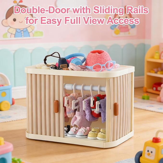 Foldable Doll Clothing Closet for Lububu - Double Sliding Door Stackable Storage Box for 4-7 Inch Doll Clothes, Premium Doll Clothes Organizer with 10 Hangers & 1 Hanging Rod (Gray)