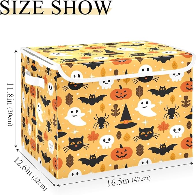 Bolaz Storage Bins with Lids and Handles, Halloween Seamless Pattern Design with Ghost Skull Pumpkin and Cat Storage Box Storage Basket with Cover Collapsible Organizer Containers for Home