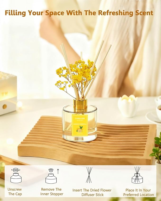 Reed Diffuser Set-Lemon Verbena Scent Fragrance Oil Diffuser with 6 Reed Sticks | Home & Bedroom Bathroom Decor,3.38 fl oz (100ml) (Lemon Verbena)