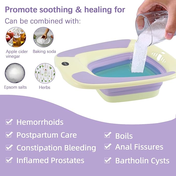 Sitz Bath, Portable Sitz Bath for Postpartum Care, Sitz Bath for Hemorrhoids, Sitz Bath for Toilet Seat, Sits Bath Tub for Women Men Adults, Sitz Bath Soak Salts Basin, Hip Bath Bowl, Purple