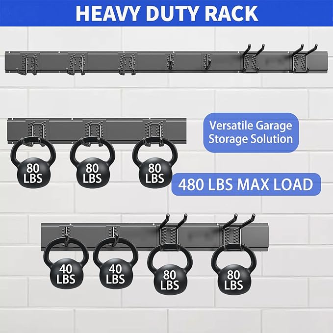 CRXCRC Garden Tool Organizer Wall Mount, 48inch Heavy Duty Garden Tool organizer Storage System, Easy Install With 7 Adjustable Hooks, For Garage, Basement, Shed, Workshop(Black)