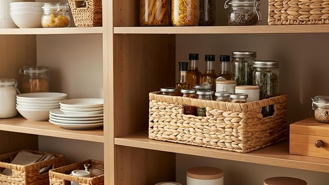 Large Rectangular Wicker Basket - Premium Water Hyacinth Storage Basket with Built-in Handles for Home Organization, Shelf Organizer, Decorative Natural Handwoven Basket, 15x11x7"