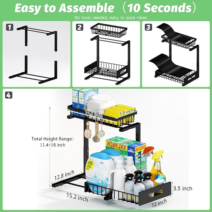 ADBIU Under Sink Organizer(10 Seconds Installation), 2 Packs 2 Tier Expandable Height (11" - 16") Under-Sink Organizers Slide out Pull out Bathroom Kitchen Organizers And Storage