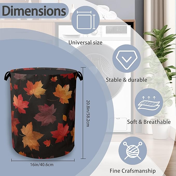 Maple Leaves Laundry Basket,Autumn Foldable Oxford Cloth Tote Bag Laundry Hamper Clothes Storage Bucket Organizer for Bedroom Laundry Storage Dormitories 16" x 20.8"