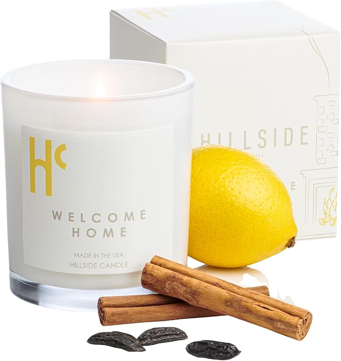 Welcome Home Single Wick Soy Candles, Luxury Scented Candles for Home - Up to 60 Hour Burn Time, Cruelty-Free Soy Wax Blend - Lemon Fragrance, Notes of Cinnamon & Clove (9 oz)