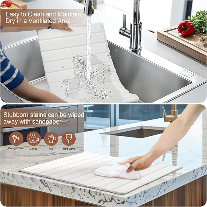 Large Stone Drying Mat for Kitchen Counter with PU Leather, Quick Drying Collapsible Dish Drying Mats,25"(L)×16"(W) Absorbent Diatomaceous Earth Mats for Dishes Bottles Cups,Match Any Countertop