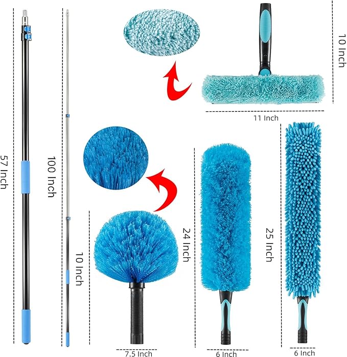 Hicavar High Ceiling Fan Duster with 5-8 Foot Extension Pole, Extendable Reusable Cobweb, Feather, Window Cleaning Squeegee Kit