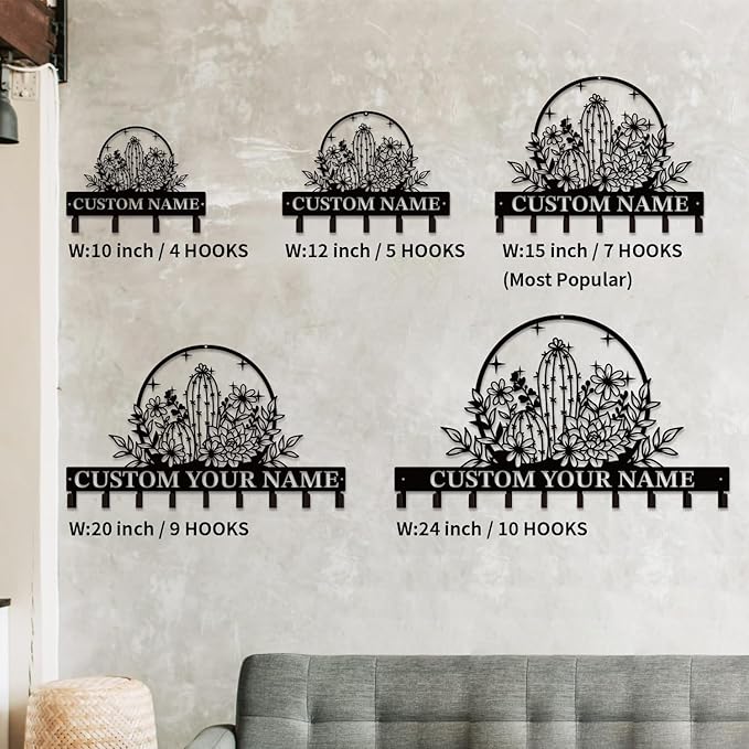 Personalized Custom Name Cactus Wall Keys Hooks,Metal Cactus Art Clothes Hooks,Metal Cactus Lover Wall Home Storage Decorative,For Front Door, Hallway, Kitchen, Bedroom,Keys,Hats (Style A)
