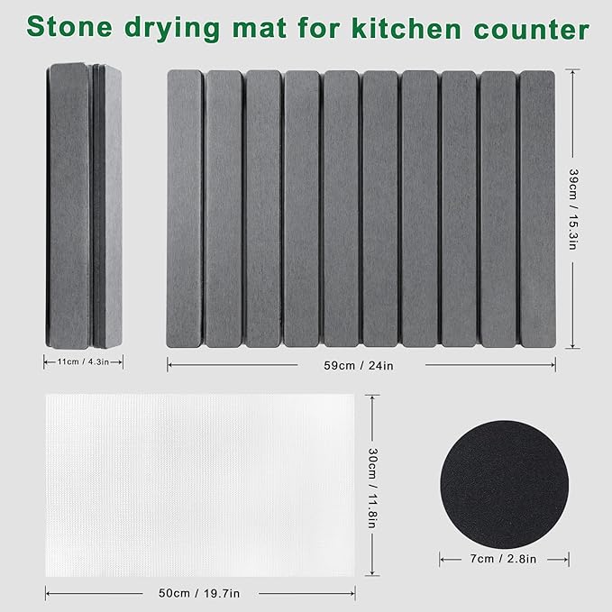 Stone Drying Mat for Kitchen Counter, Large Foldable Diatomaceous Earth Dish Drying Rack, Absorbent Diatomaceous Quick Dry Stone Mat Kitchen Dishes Bottles Cups Bathroom Any Countertop 24"(L)×16"(W)