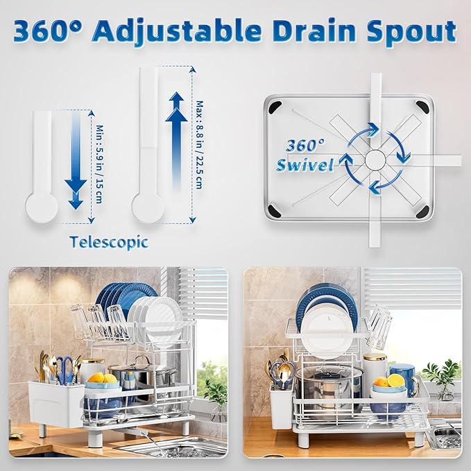 GAOKASE 2 Tiers Dish Drying Rack, Space-Saving Dish Racks for Kitchen Counter, Dish Drainer Drying Rack with Drainboard, Utensil Holder Cups Holder and Adjustable Swivel Spout, White