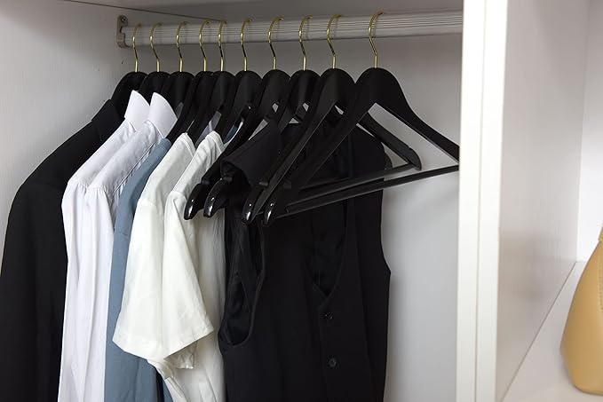 Quality Black Wooden Hangers - Slightly Curved Hanger Set of 80-Pack - Solid Wood Coat Hangers with Stylish Chrome Hooks -Heavy-Duty Clothes, Jacket, Shirt, Pants, Suit Hangers (Black - Gold Hook, 80)
