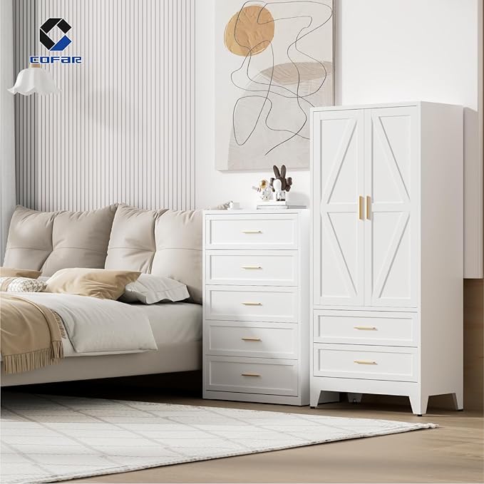 COFaR Metal Armoire Wardrobe Closet with Drawers, 71'' Tall Farmhouse Bedroom Armoires with Doors, Freestanding Steel Wardrobe Cabinet Coat Closet for Bedroom Home Office Garage, White