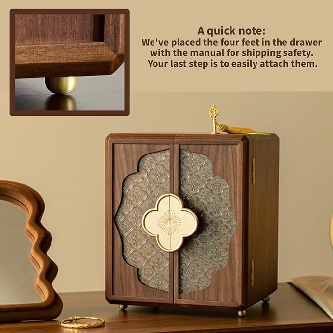 Kinsuite Black Walnut Jewelry Box - 5-tier Jewelry Organizer with Secure Double-Door, Safe with Lock for Earring, Ring, Necklace, Bracelets