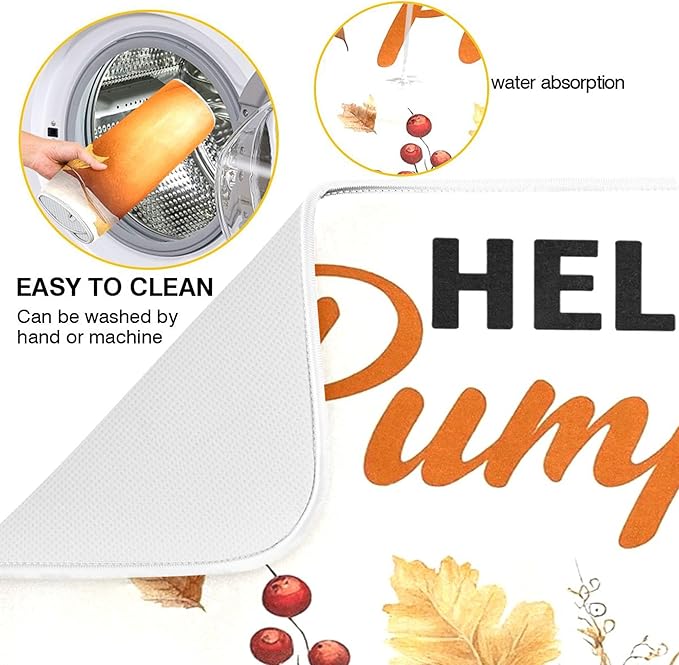 Hello Pumpkin Dish Drying Mat for Kitchen Countertop 18x24 Fall Harvest Leaves Berry White Large Drying Mat Reusable Quick Dry Dish Sink Mats Easy Clean Decorative Essentials