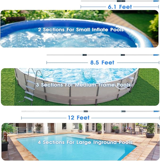 12 FT Heavy Duty Pool Pole with Retriever Hook, Prime Telescopic Aluminum Standard Pole for Swimming Pool Cleaning Tools Connect with Pool Net Skimmers, Brushes, Vacuum Heads
