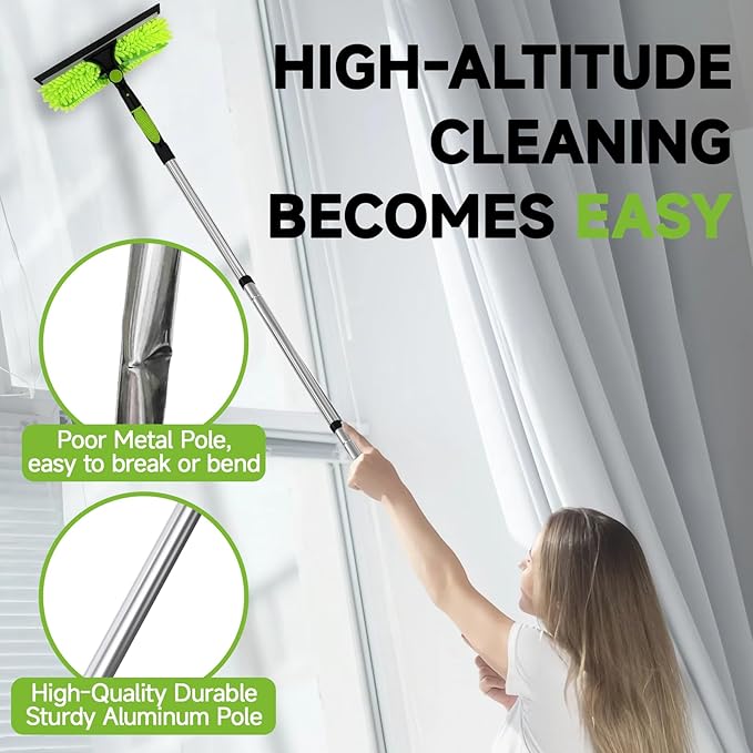 LILISPAI 67'' Window Squeegee Cleaner Tool with Extension Pole, 2-in-1 Squeegee for Window Cleaning Kit with Scrubber and Rotating Head, 2 Blade 2 Scrubber for Indoor & Outdoor High Windows