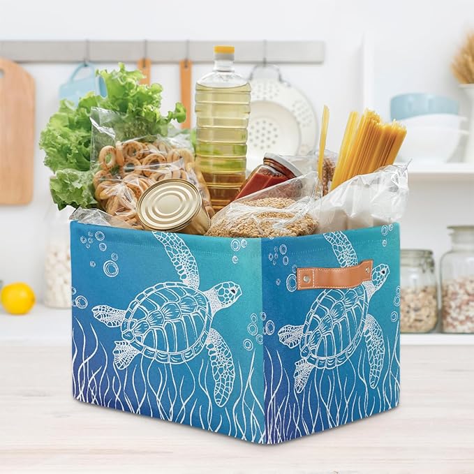 Ocean Turtle Storage Basket for Shelves, Storage Bins with Handles, Collapsible Basket for Organizing, Closet Toy Baskets for Nursery Room, 15x11x9.5 in, Canvas, Sea Tortoise